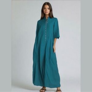 Soft Surroundings Theodora 100% Linen Kaftan Kurta Maxi Dress Teal Small